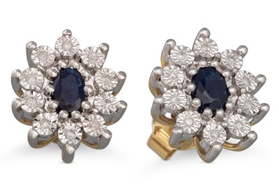 Lot 51 - A PAIR OF DIAMOND AND SAPPHIRE CLUSTER...