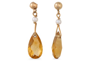 Lot 56 - A PAIR OF CITRINE AND PEARL DROP EARRINGS,...