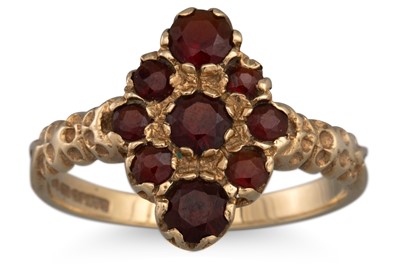 Lot 59 - A GARNET CLUSTER RING, mounted in 9ct gold,...