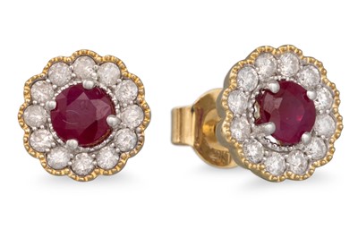 Lot 60 - A PAIR OF DIAMOND AND RUBY CLUSTER EARRINGS,...