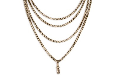 Lot 65 - A GOLD MUFF CHAIN, stamped 10ct on clasp, 26"...