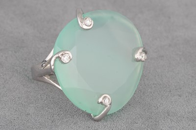 Lot 41 - A GREEN CHALCEDONY AND DIAMOND RING, the...