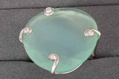 Lot 41 - A GREEN CHALCEDONY AND DIAMOND RING, the...