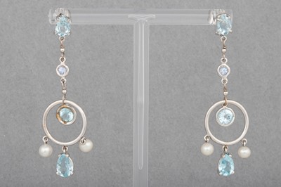 Lot 113 - A PAIR OF AQUAMARINE AND PEARL DROP EARRINGS,...