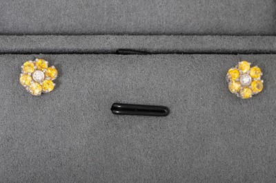 Lot 119 - A PAIR OF YELLOW SAPPHIRE CLUSTER EARRINGS,...