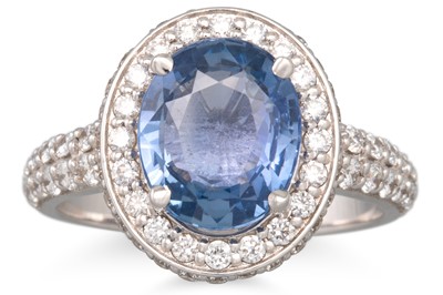 Lot 330 - A SAPPHIRE AND DIAMOND CLUSTER RING, the oval...