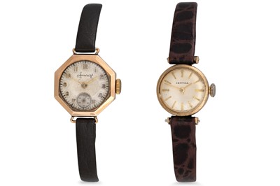 Lot 12 - TWO LADY'S GOLD WATCHES, with leather straps