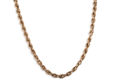 Lot 124 - A 9CT YELLOW GOLD ROPE LINK NECK CHAIN, 14.8 g.