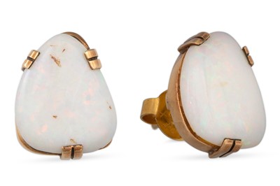 Lot 130 - A PAIR OF OPAL EARRINGS, mounted in yellow gold