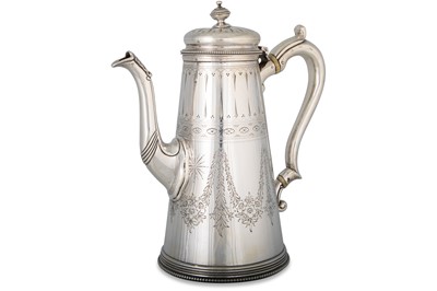 Lot 200 - A VICTORIAN SILVER COFFEE POT, chaised and...