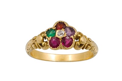 Lot 269 - AN ANTIQUE MULTI-GEMSET  CLUSTER RING, mounted...