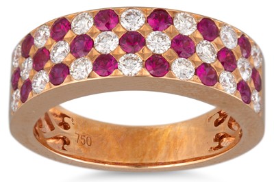 Lot 92 - A DIAMOND AND RUBY BAND RING, chequerboard...