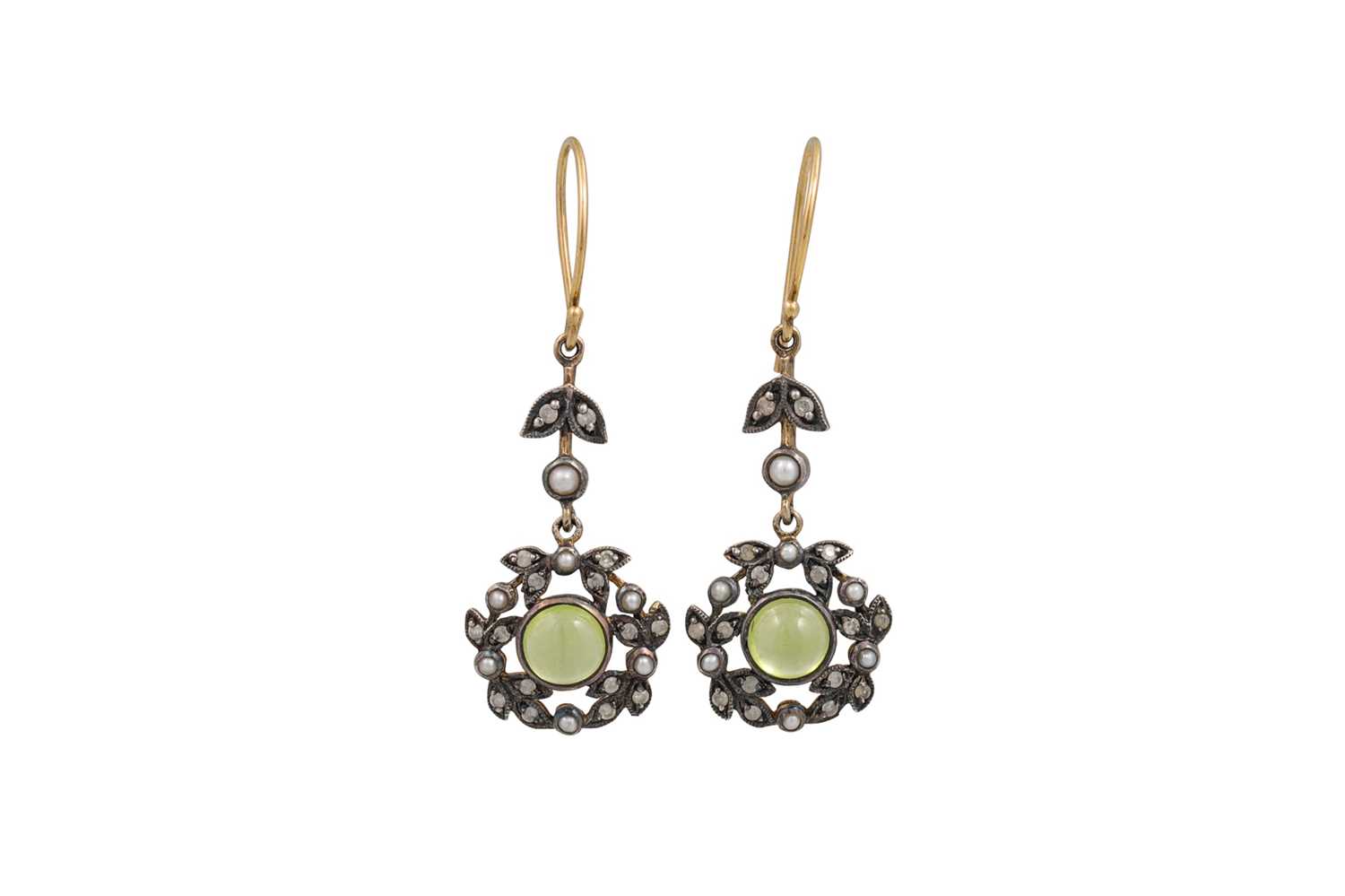 Lot 69 - A PAIR OF PERIDOT AND PEARL DROP CLUSTER...