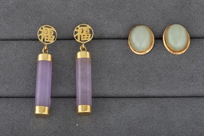 Lot 87 - TWO PAIRS OF JADE EARRINGS, one mounted in gold