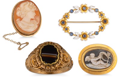 Lot 343 - THREE GOLD MOUNTED BROOCHES, together with a...