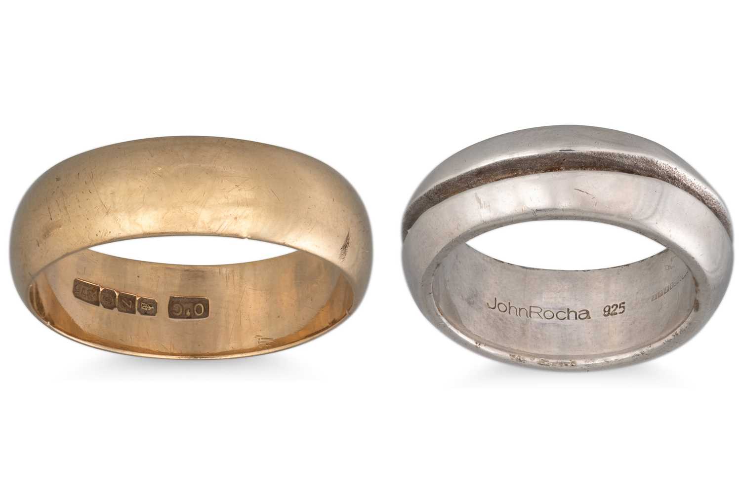 Lot 73 - A 9CT YELLOW GOLD BAND RING, 5.9 g. together...