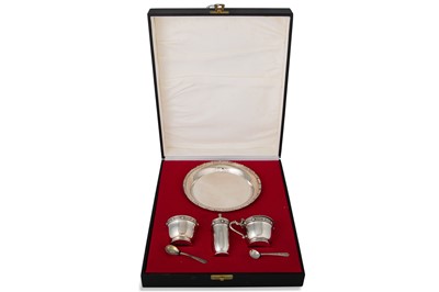 Lot 420 - AN IRISH SILVER CONDIMENT SET, with tray & box