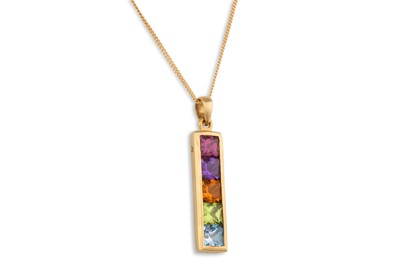 Lot 106 - AN 18CT YELLOW GOLD MULTI GEM-SET PENDANT, by...