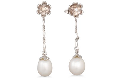 Lot 195 - A PAIR OF DIAMOND AND PEARL DROP EARRINGS, the...