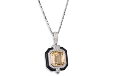 Lot 202 - A CITRINE, DIAMOND AND ONYX PENDANT, the...