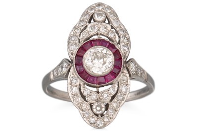 Lot 203 - A RUBY AND DIAMOND NAVETTE SHAPED RING, of...