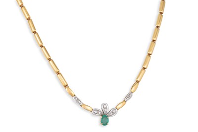 Lot 155 - AN EMERALD AND DIAMOND NECKLACE, central stone...