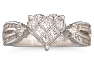 Lot 245 - A DIAMOND CLUSTER RING, heart shaped panel set...