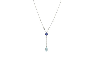 Lot 380 - A TANZANITE, DIAMOND AND AQUAMARINE PENDANT,...