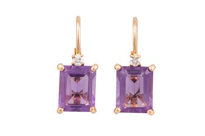 Lot 383 - A PAIR OF AMETHYST EARRINGS, the rectangular...