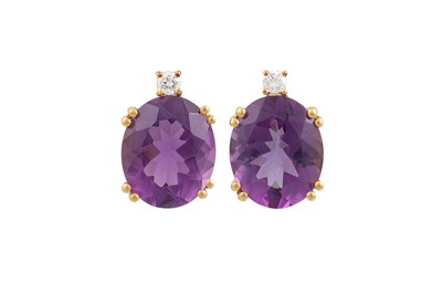 Lot 387 - A PAIR OF AMETHYST AND DIAMOND EARRINGS, set...