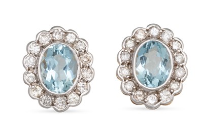 Lot 206 - A PAIR OF AQUAMARINE AND DIAMOND CLUSTER...