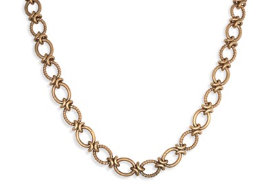 Lot 280 - A FANCY LINK 9CT YELLOW GOLD NECK CHAIN,...