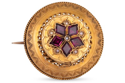 Lot 481 - A VICTORIAN GARNET AND PEARL BROOCH, mounted...