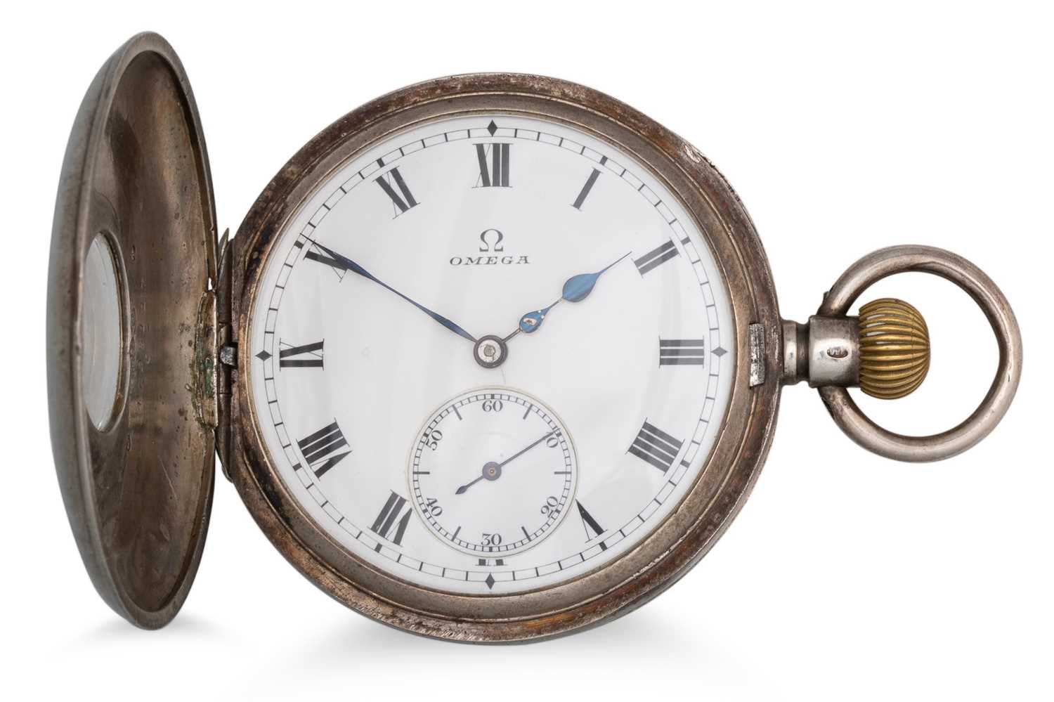 Lot 358 - AN OMEGA STERLING SILVER HUNTER POCKET WATCH,...
