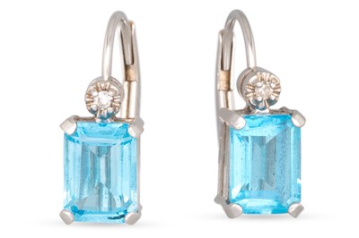 Lot 350 - A PAIR OF BLUE TOPAZ EARRINGS, mounted in 14ct...