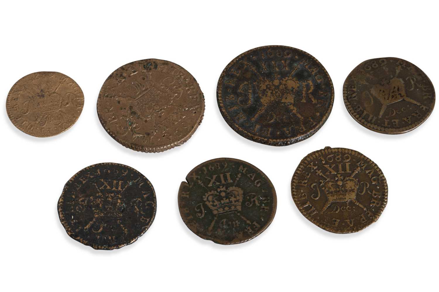Lot 336 - 7 X IRISH GUNMONEY JAMES II COINS: 2 x 2/6...