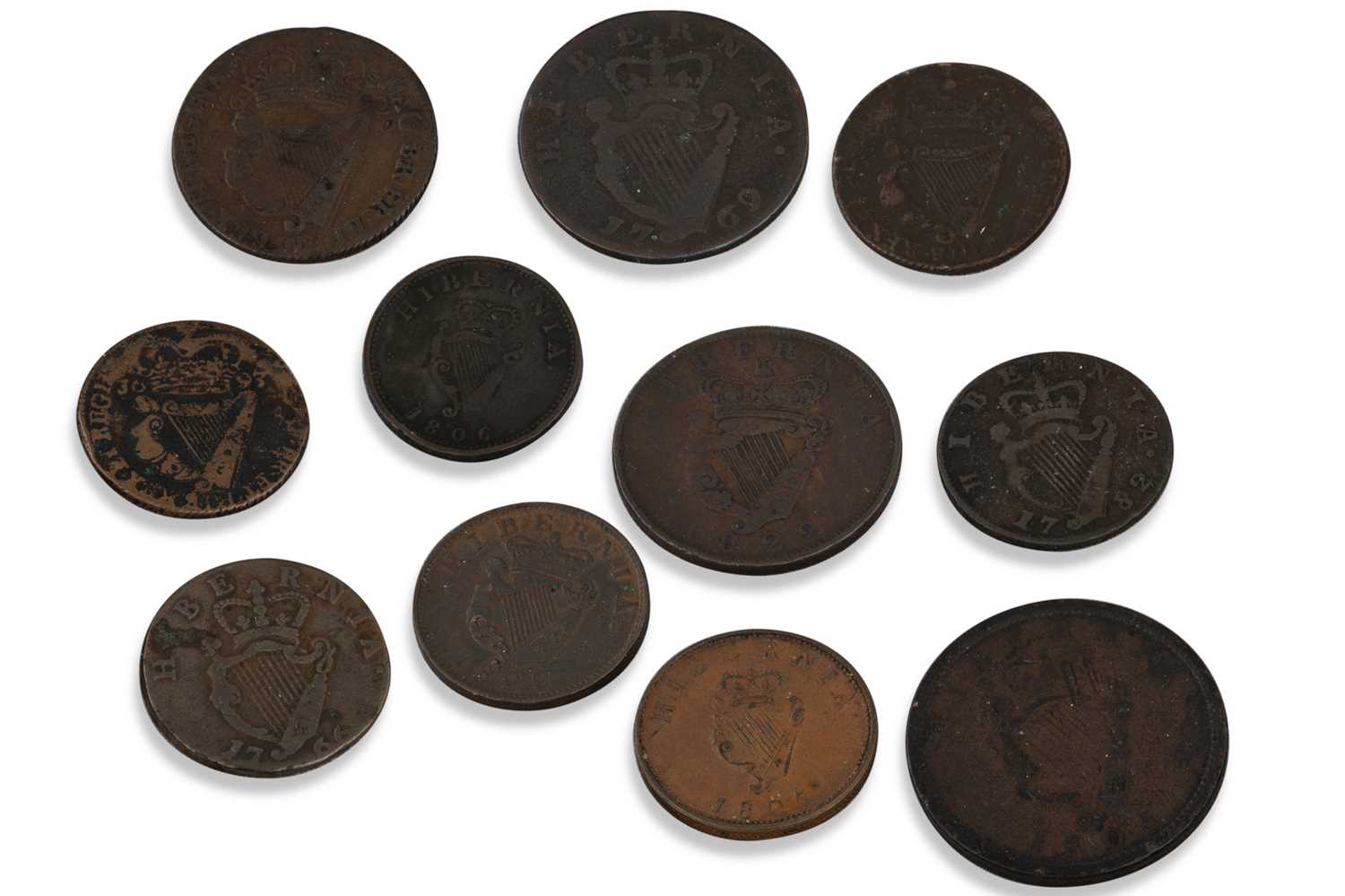 Lot 337 - 11 x HIBERNIA IRISH COINS: 2 x 1d 1805/22, 6 X...