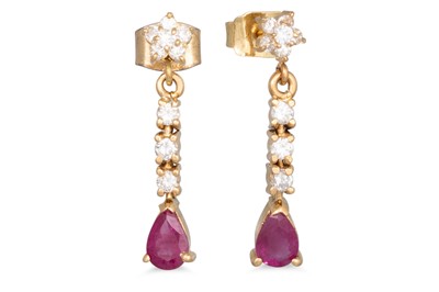 Lot 198 - A PAIR OF RUBY AND DIAMOND DROP EARRINGS, the...