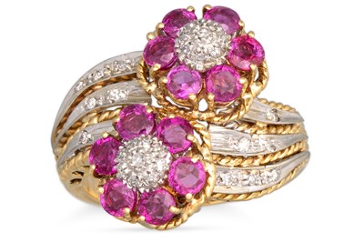 Lot 296 - A RUBY AND DIAMOND CLUSTER RING, of double...