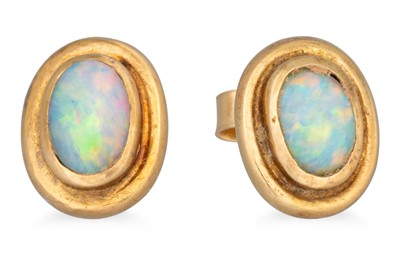 Lot 298 - A PAIR OF OPAL STUD EARRINGS, mounted in...