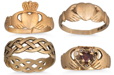 Lot 197 - THREE 9CT YELLOW GOLD CLADDAGH RINGS, together...