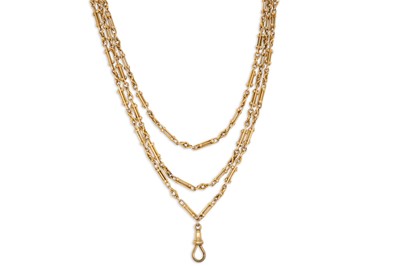 Lot 338 - AN ANTIQUE 18CT YELLOW GOLD MUFF CHAIN, fancy...