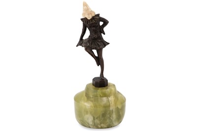 Lot 463 - A PAPER WEIGHT OF A BRONZE DANCING HARLEQUIN...