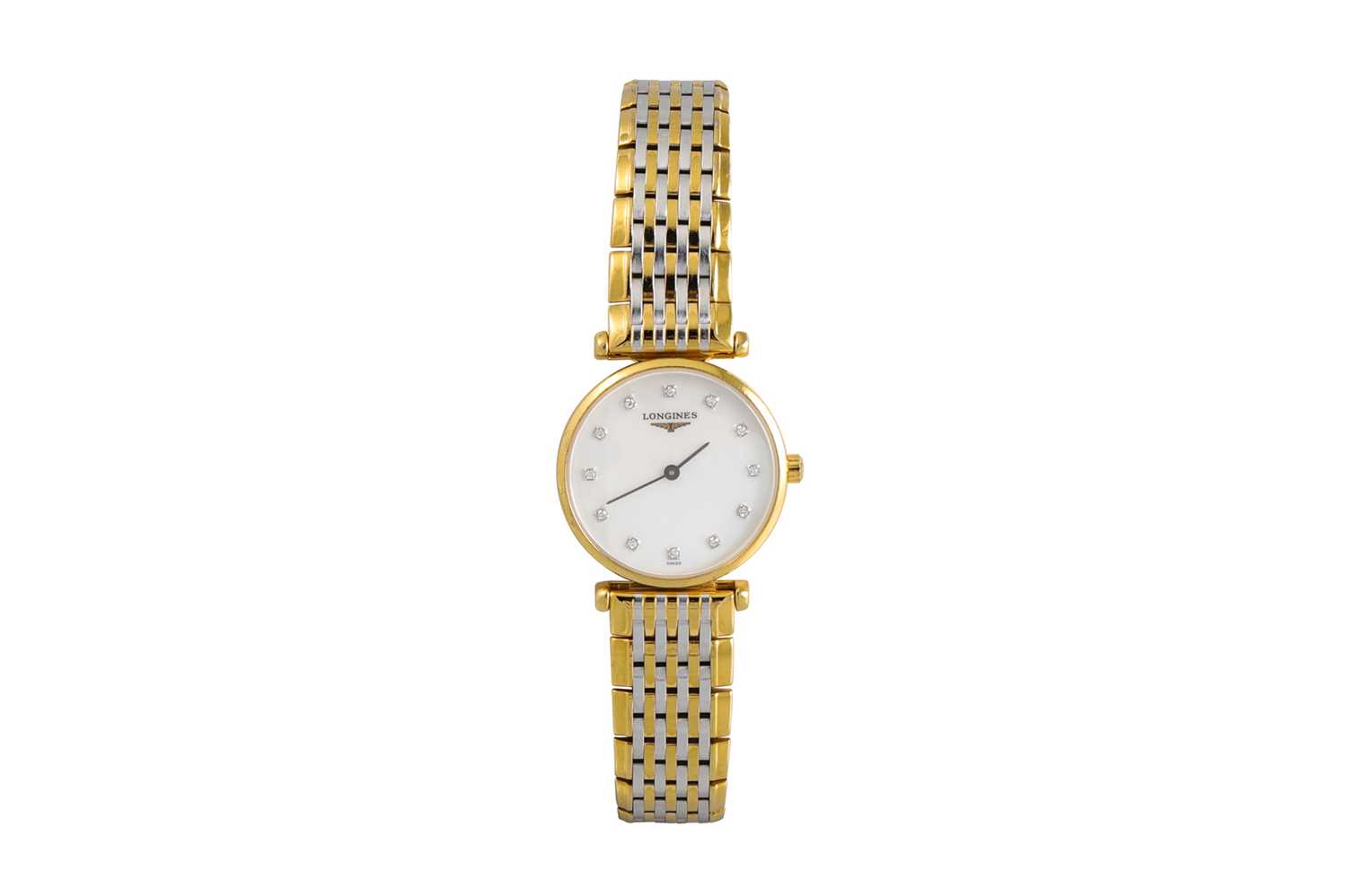 Lot 49 - A LONGINES WRIST WATCH, mother of pearl dial,...