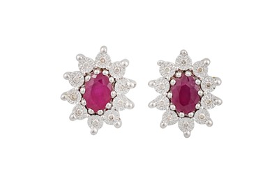 Lot 53 - A PAIR OF RUBY AND DIAMOND CLUSTER EARRINGS,...
