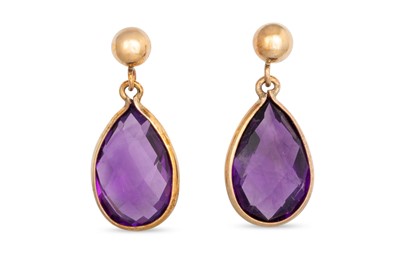 Lot 28 - A PAIR OF AMETHYST DROP EARRINGS, mounted in...