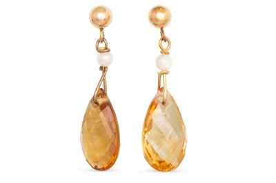 Lot 53 - A PAIR OF CITRINE AND PEARL DROP EARRINGS, the...