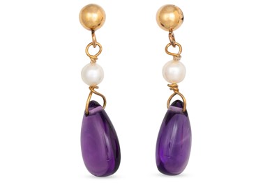 Lot 55 - A PAIR OF AMETHYST AND PEARL DROP EARRINGS,...