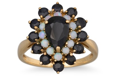 Lot 59 - A SAPPHIRE AND OPAL CLUSTER RING, the pear...