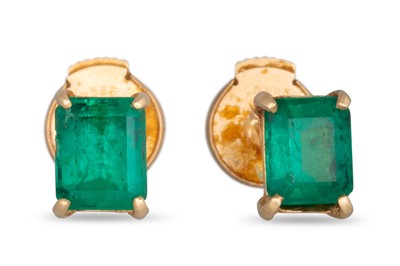 Lot 45 - A PAIR OF EMERALD EARRINGS, stud from, mounted...